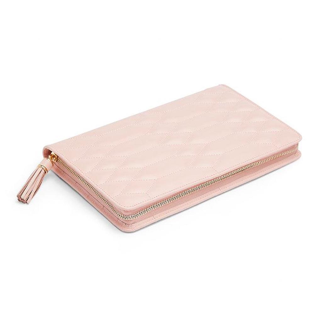 Quilted pink leather jewelry travel case with zipper closure