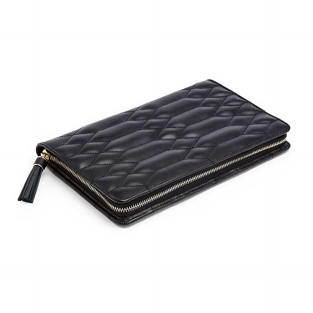 Quilted black leather jewelry travel case with zipper closure