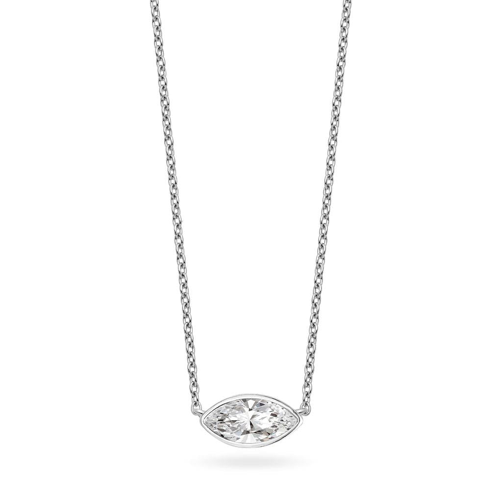 bezel set marquise diamond necklace in white gold