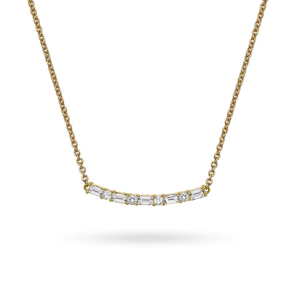 baguette diamond curved bar yellow gold necklace