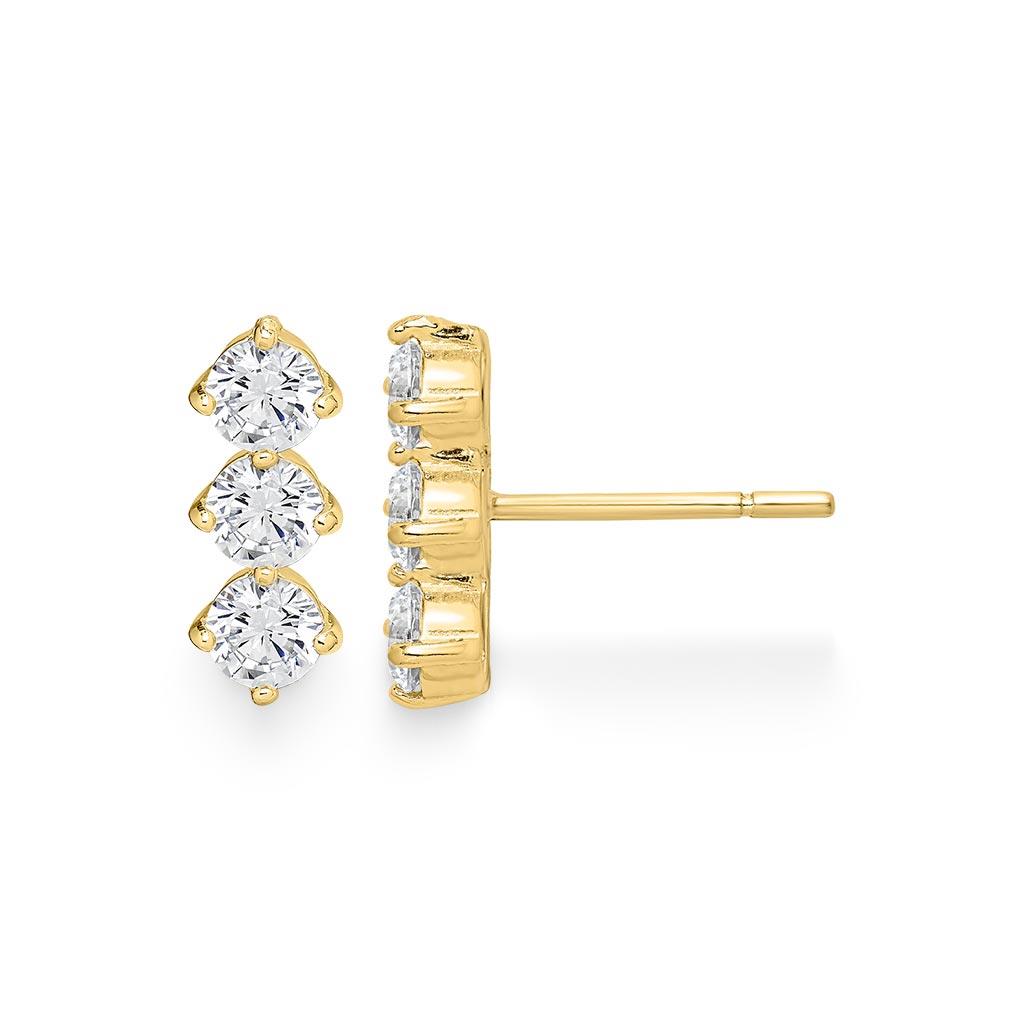 14k yellow gold three stone diamond stud earrings