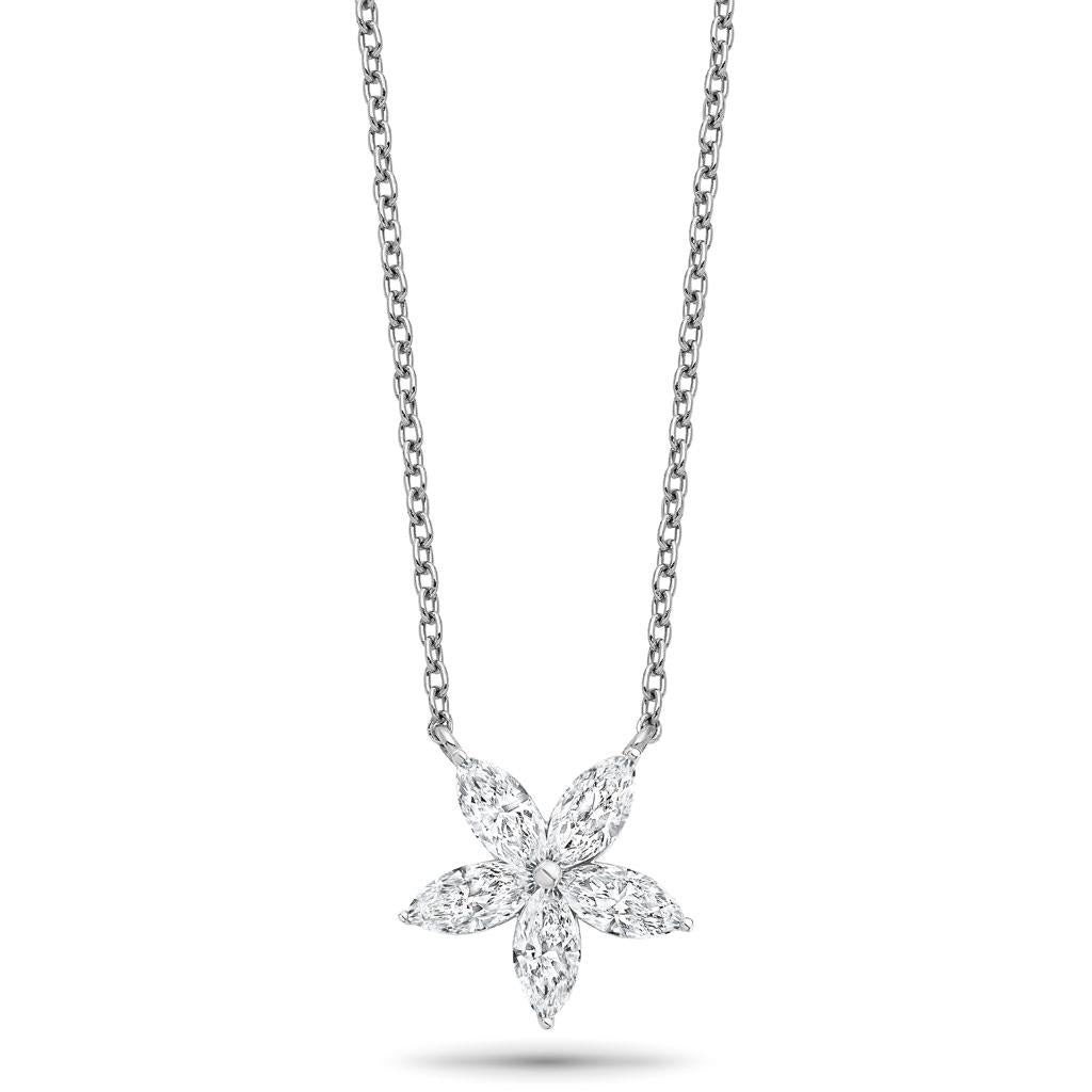 18K white gold marquise diamond flower pendant necklace