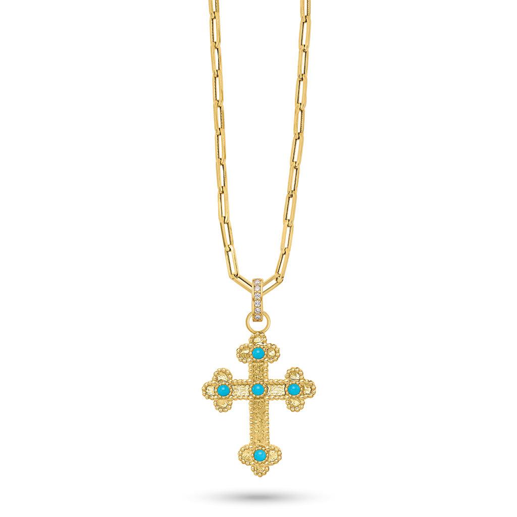 14k yellow gold cross turqouise statons and diamond halo paperclip chain