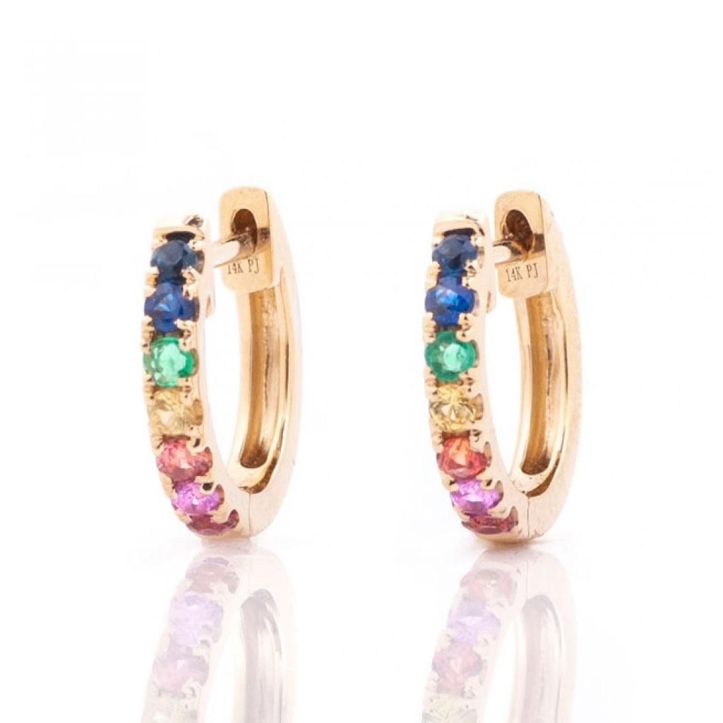 rainbow gemstone huggie earrings in 14k gold