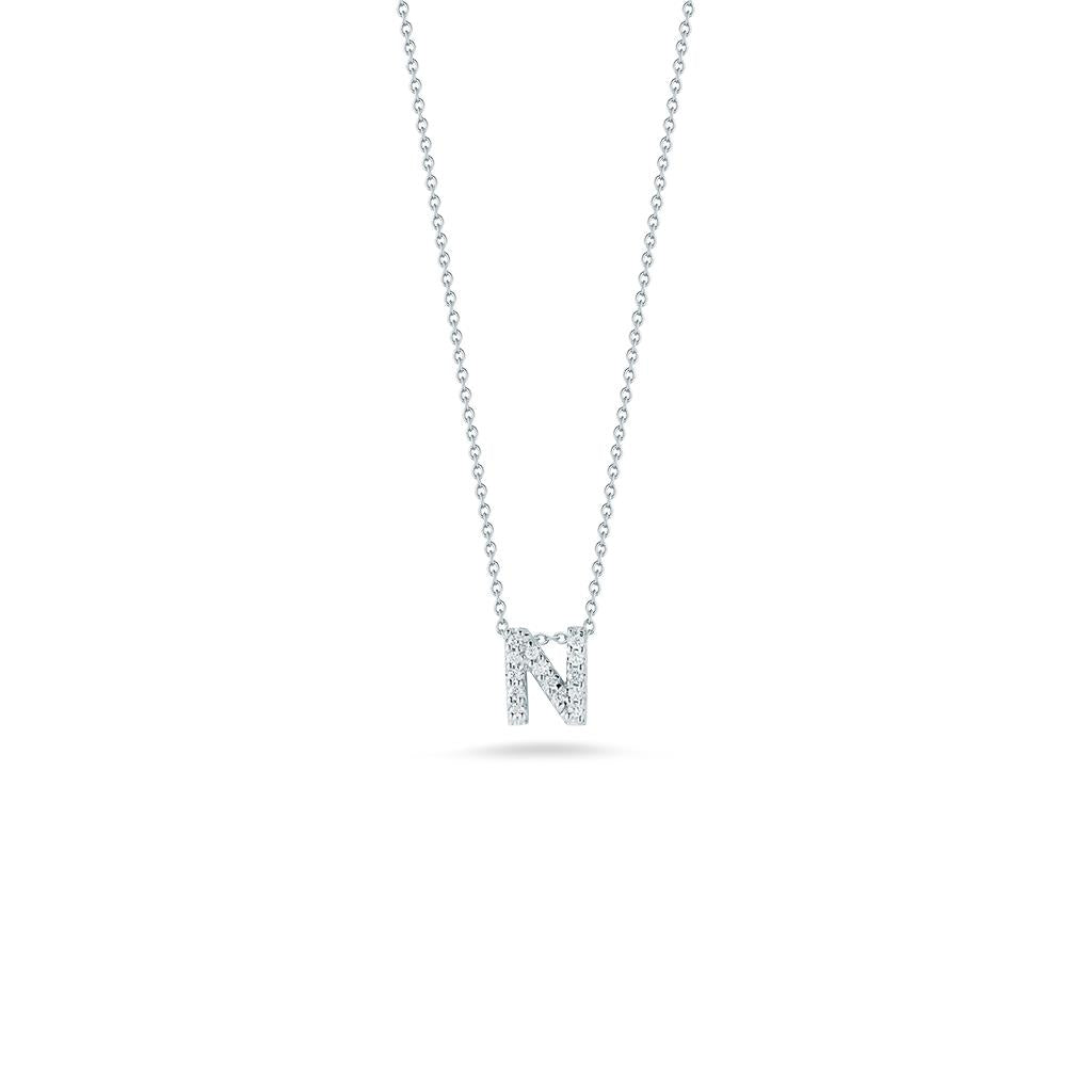 Diamond pave letter N initial necklace in white gold